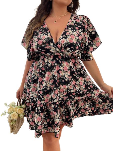

plus floral print butterfly sleeve ruffle hem dress 04k5#, Black