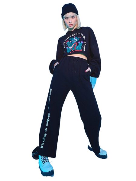 

x vikilester slogan & cactus graphic lantern sleeve hoodie t7qz#, Black