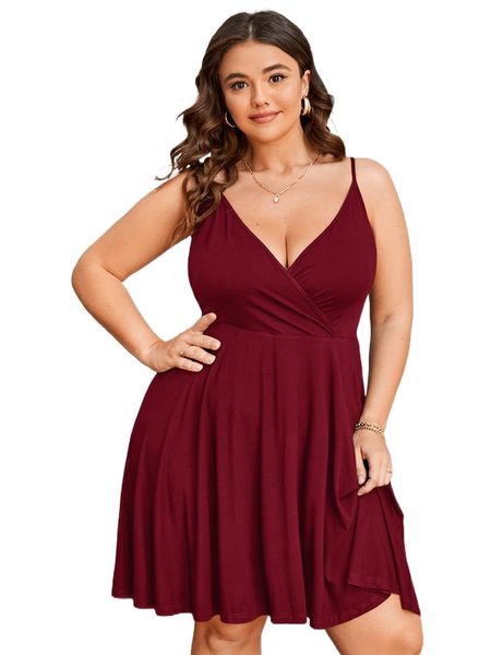 

plus solid v neck cami dress x8sz#, Black