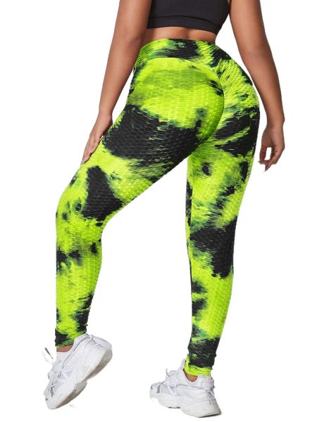 

plus four-way stretch tie dye honeycomb knit sports leggings 16y9#, Black