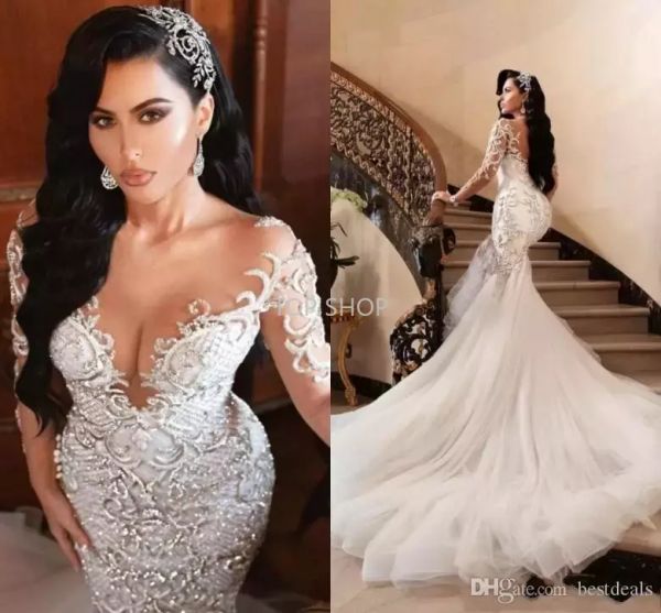 2022 Lüks Arapça Mermaid Gelinlik Dubai Sparkly Kristaller Uzun Kollu Gelinlikler Mahkemesi Tren Tül Etek Robes de Mariée DHL