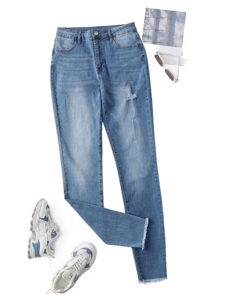 

tall ripped raw hem jeans b264#, Blue
