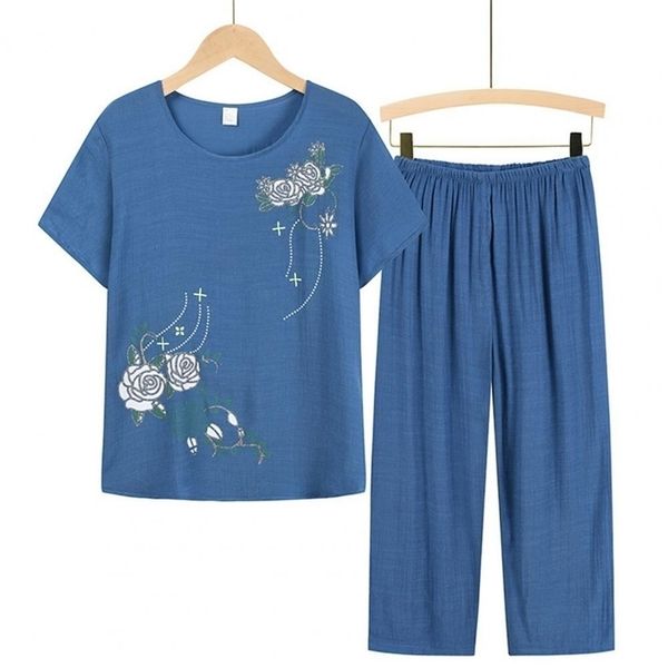 

summer pant two pieces set women short sleeve elegant floral print suits tshirt loose pants sets outfit middleaged 220526, White