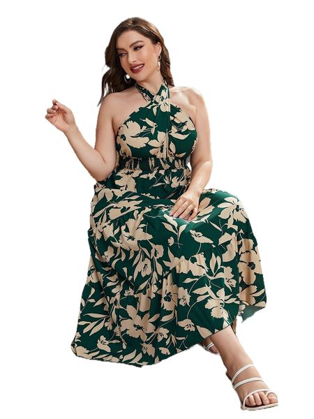 

plus floral print shirred tie backless ruffle hem halter dress j4lv#, Black
