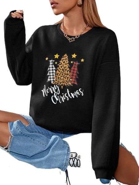 

christmas tree & slogan graphic drop shoulder pullover 89y6#, Black