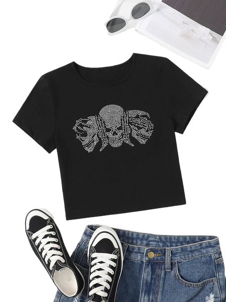 

plus skull rhinestone crop tee o0dk#, Black