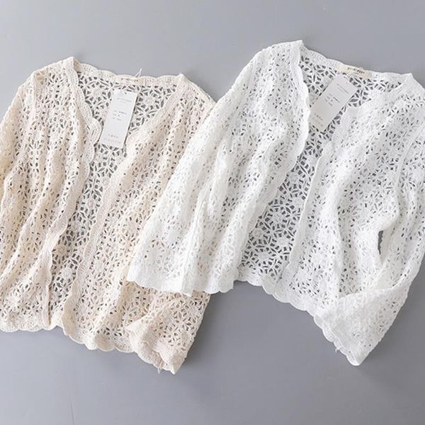 

summer sunflower cotton hollow out t-shirt women solid color three quarter seeved lace beach shawl cardigan tees u524, White