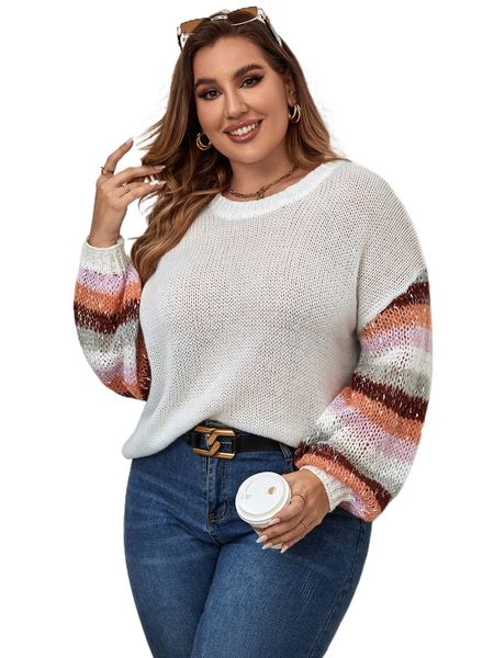 

plus color block stripe pattern drop shoulder sweater 83zw#, Black