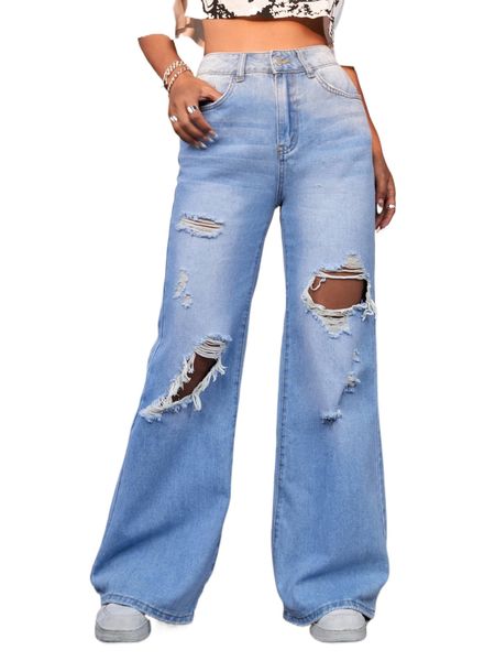 

high waist ripped wide leg jeans o6ce#, Blue