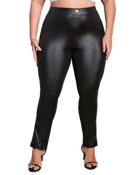 

plus single button split hem skinny pants k9yf#, Black