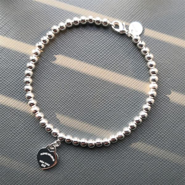 

925 silver tif luxury heart beaded tag strands bracelet women fine jewelry trendy beads chain round ball bracelets for girlfriend 234d, Golden;silver