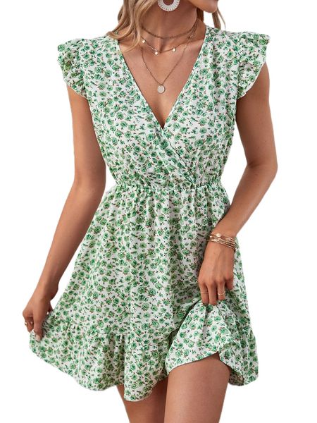 

allover floral print ruffle trim v-neck dress g6vi#, Black;gray