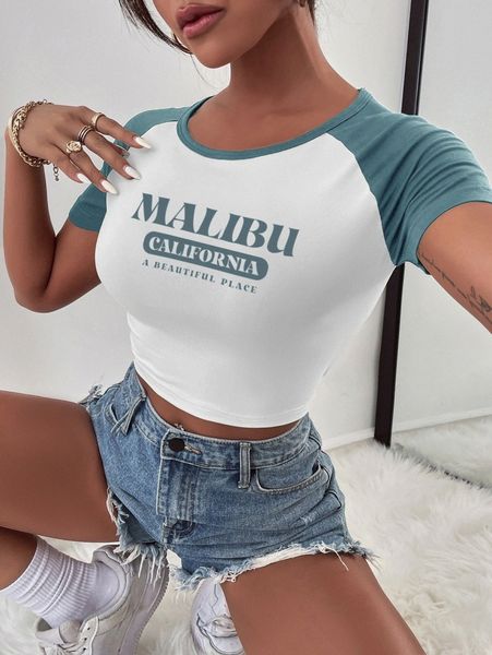

colorblock letter graphic raglan sleeve crop tee m05t#, White