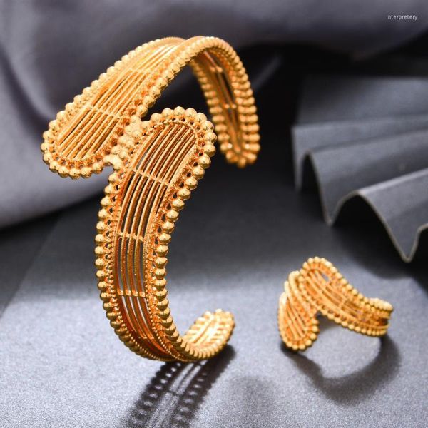 Bangle Dubai Braccialetti color oro per le donne Regali per ragazze Gioielli da sposa Africa Fiore con anello Bijoux FemmeBangle Inte22