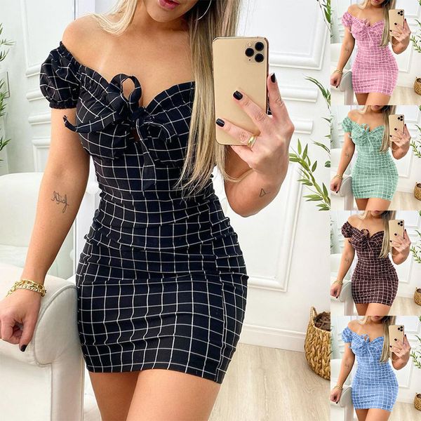

women dress plaid print leaky shoulder package hip short skirt dress, Black;gray