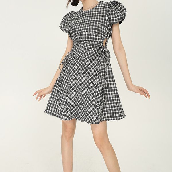 

plaid waist dress female summer waist show thin french fairy design sense of many short sleeve tide, Black;gray