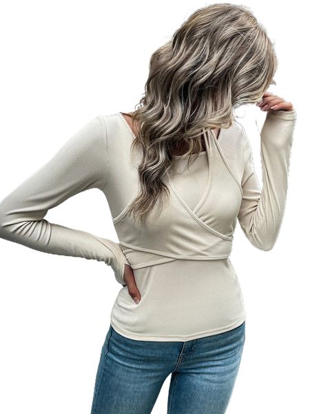 

ribbed knit tie back 2 in 1 tee o6h6#, White