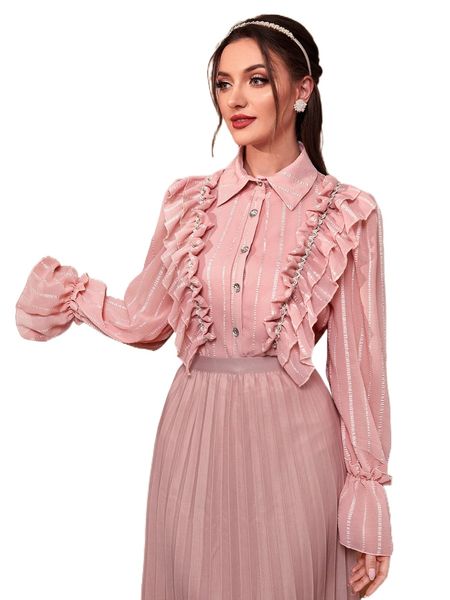 

ruffle trim flounce sleeve blouse 50yb#, White