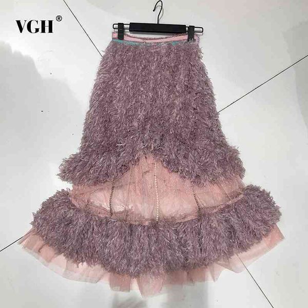 

elegant patchwork skirt for women high waist feather mesh beading chains ruffle hem loose skirts female fashion clothing 210507, Black