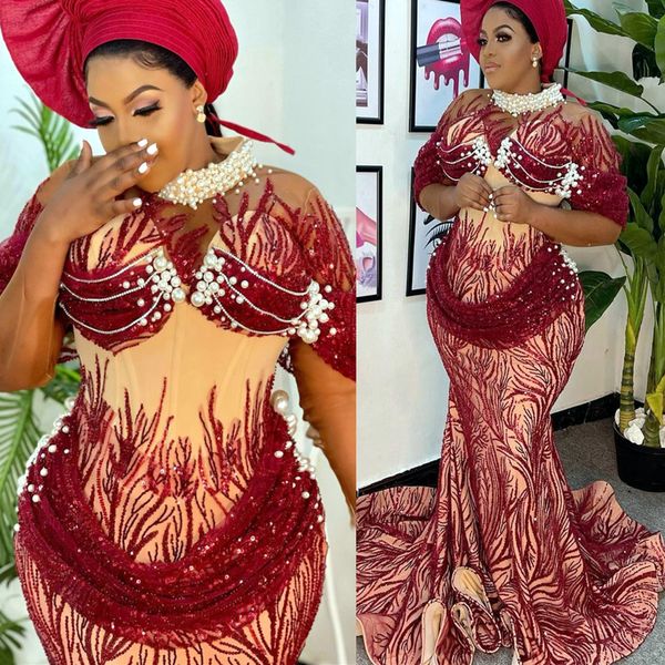 

2022 plus size arabic aso ebi burgundy mermaid luxurious prom dresses pearls evening formal party second reception birthday engagement gowns, Black