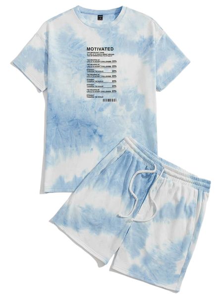 

men tie dye slogan graphic tee & drawstring waist shorts m8kh#, Gray