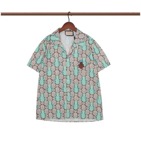 Férias verão luxo desenhista camisas masculinas moda abacaxi impressão de seda camisa camisa casual camisa homens magro fit manga curta camisa de vestido M-2XL