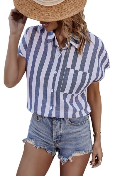 

striped print pocket patched blouse a1gn#, White