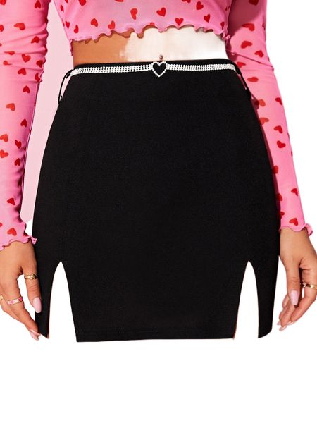 

m-slit hem rhinestone belted skirt b0ra#, Black