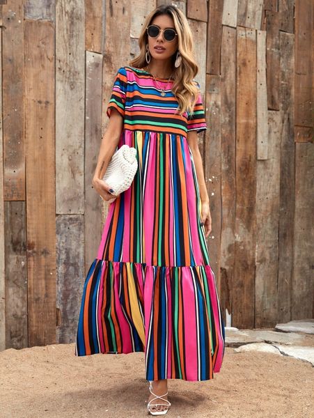 

striped ruffle hem babydoll dress j0lu#, Black;gray