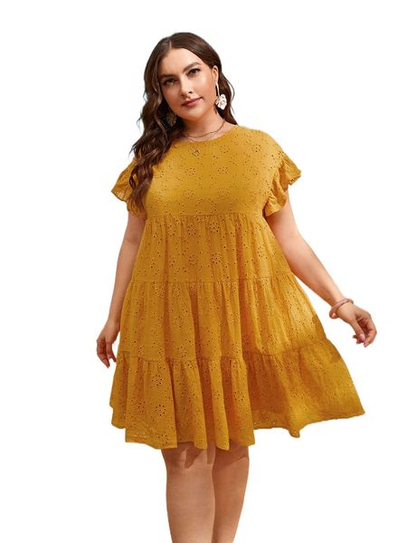 

plus eyelet embroidery ruffle hem flounce sleeve smock dress 51yn#, Black