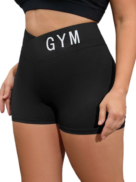 

plus letter graphic wideband waist sports biker shorts s5eh#, Black