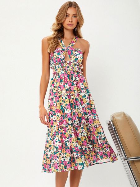 

floral print ruffle hem dress d8co#, Black;gray