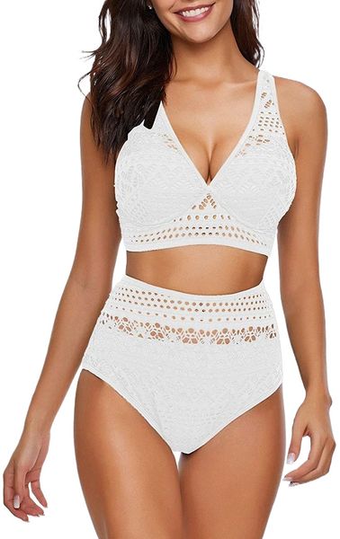 

women's high waist bikini set crochet lace v neck two pieces swimsuit v0ul#, White;black