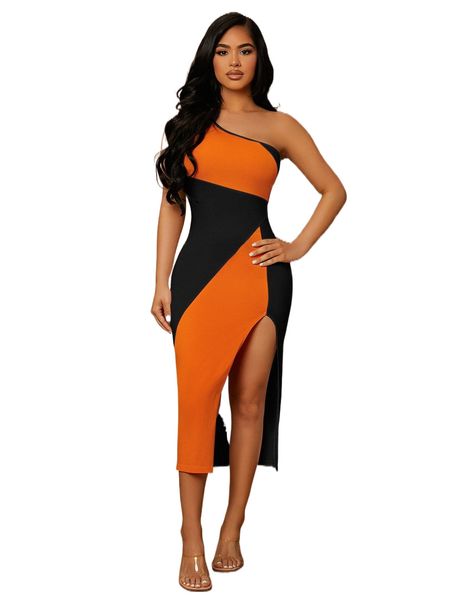 

sxy one shoulder high split colorblock dress w97g#, Black;gray