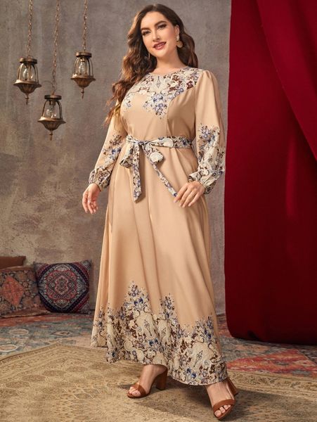 

plus floral & paisley print lantern sleeve belted dress x6w0#, Black