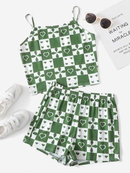 

teen girls heart and plaid print cami and shorts set she, White