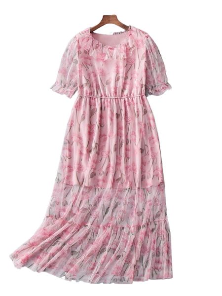 

plus floral print puff sleeve ruffle hem mesh dress a7o9#, Black