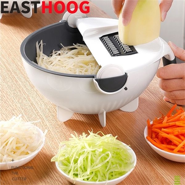 Mágico multifuncional gira o cortador de vegetais com cesta de drenagem cozinha vegetais de frutas shredder slicer gadgets de cozinha 210319