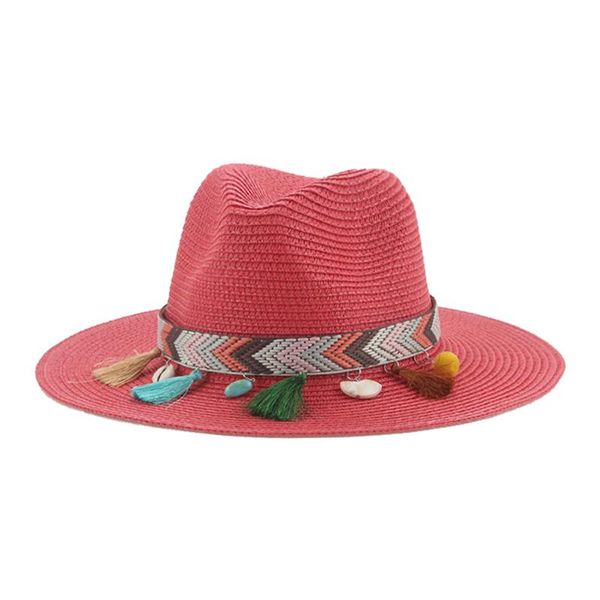 Breite Krempe Hüte Sonnenhut Frauen Sommer Kette Band Western Cowboy Strand Reise Casual Stroh Gorras Para MujerWide