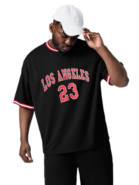 

extended sizes men number and letter graphic striped trim tee p52l#, White;black