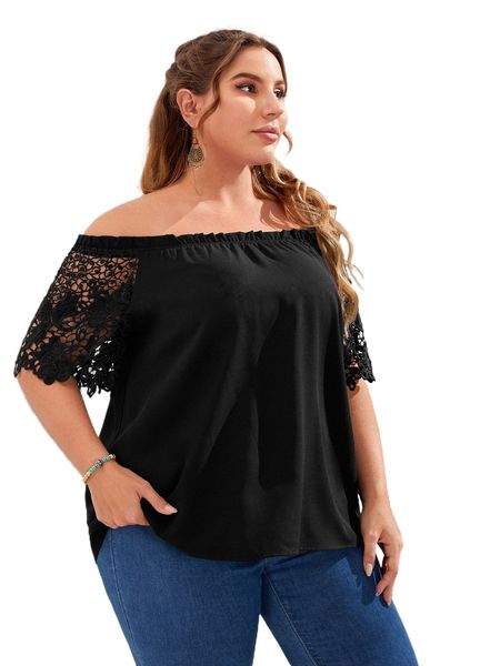 

emery rose plus contrast guipure lace one shoulder frill trim blouse z6os#, Black