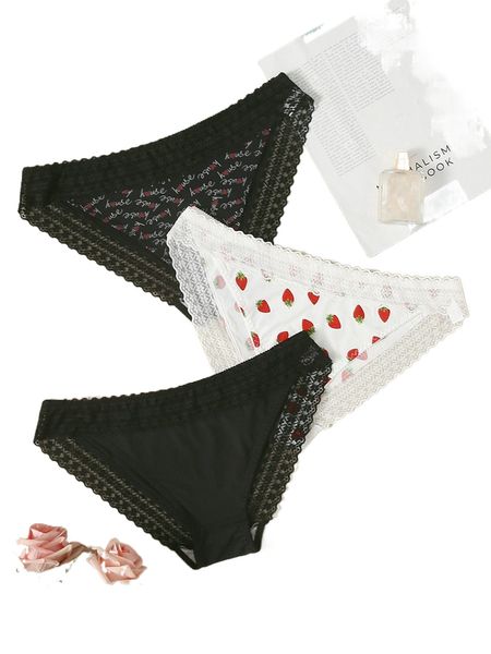 

plus 3pack strawberry print & letter graphic contrast lace panty t3p6#, Black;white