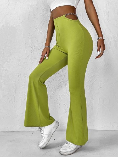 

chain detail cut out waist flare leg pants k2ea#, Black;white