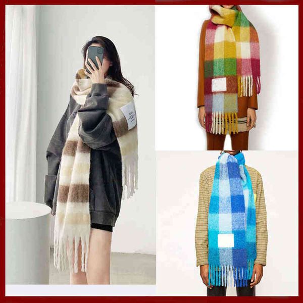 

acne ac new scarf rainbow check stripe tassel cashmere autumn winter shawl, Blue;gray