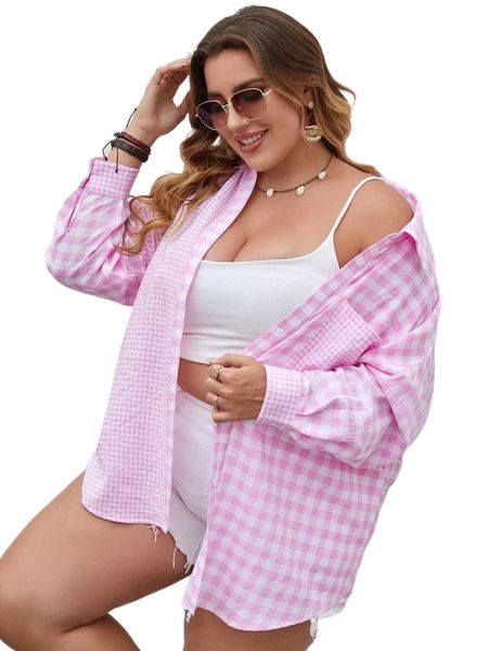 

plus gingham patched pocket drop shoulder shirt m08l#, Black