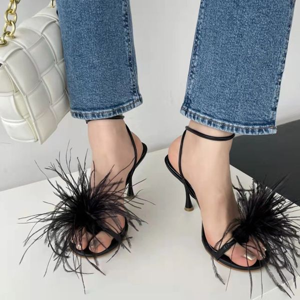 

sandals b style feather shuttlecock with thin heels and sandals for women, Black