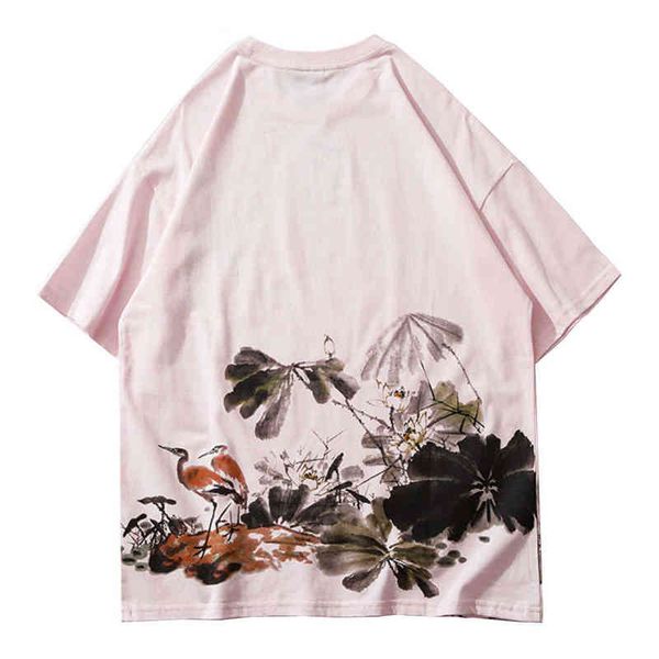 

t shirts streetwear hip hop men lotus sheet crane print japane short mouw te katoen casual harajuku t-shirts, White;black