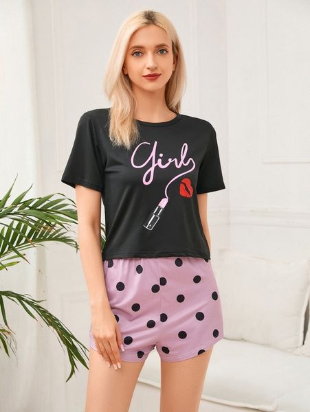 

lip & letter graphic tee & polka dot shorts pj set r54i#, Black;red