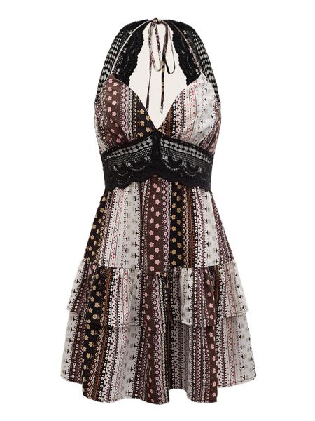 

ditsy floral contrast guipure lace tiered layer halter dress b8bd#, Black;gray