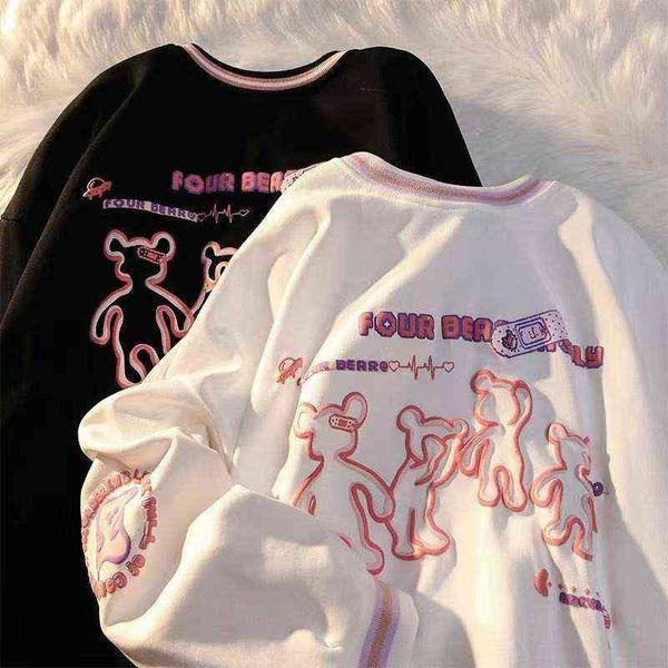 Cartoon Bär Druck dünne Sweatshirts Frauen Y2K Frühling und Herbst süße faule Stil Pullover Hoodie Paar lässig lose All-Match-Top Y220810